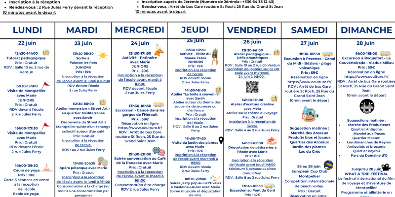 Programme d'activitÃ©s de la semaine du 22 au 29 juin 2026