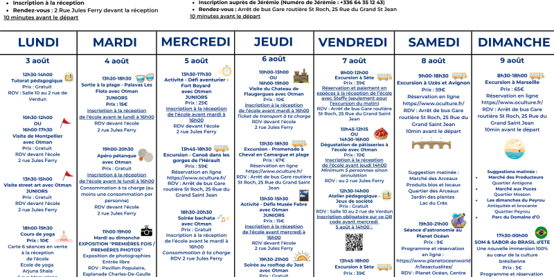 Programme d'activitÃ©s de la semaine du 10 au 16 aoÃ»t 2026